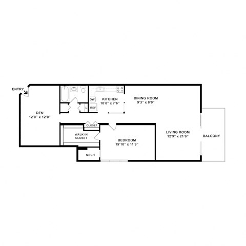 Floor plan for 1 bed, 1 bath, 737 sqft